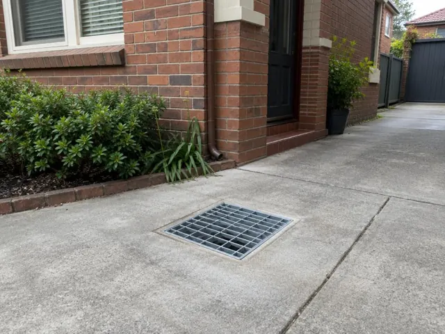 Clean outdoor drain grate set in a concrete driveway beside a brick house in Burwood