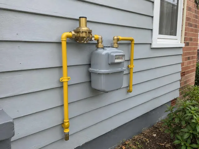 Grey exterior wall with gas meter and new yellow pipework beside a window in Enfield