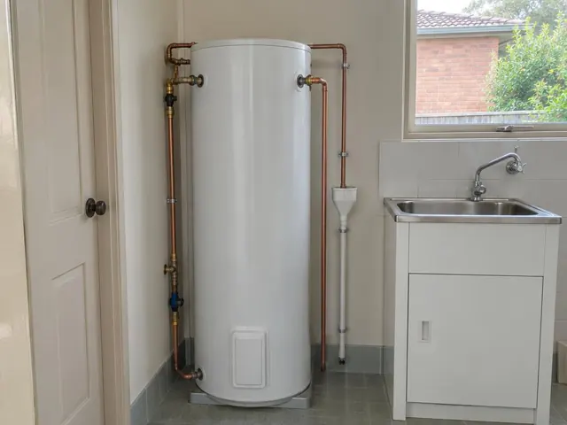 Cylinder hot water system beside a laundry sink with copper pipework and tiled walls in Burwood